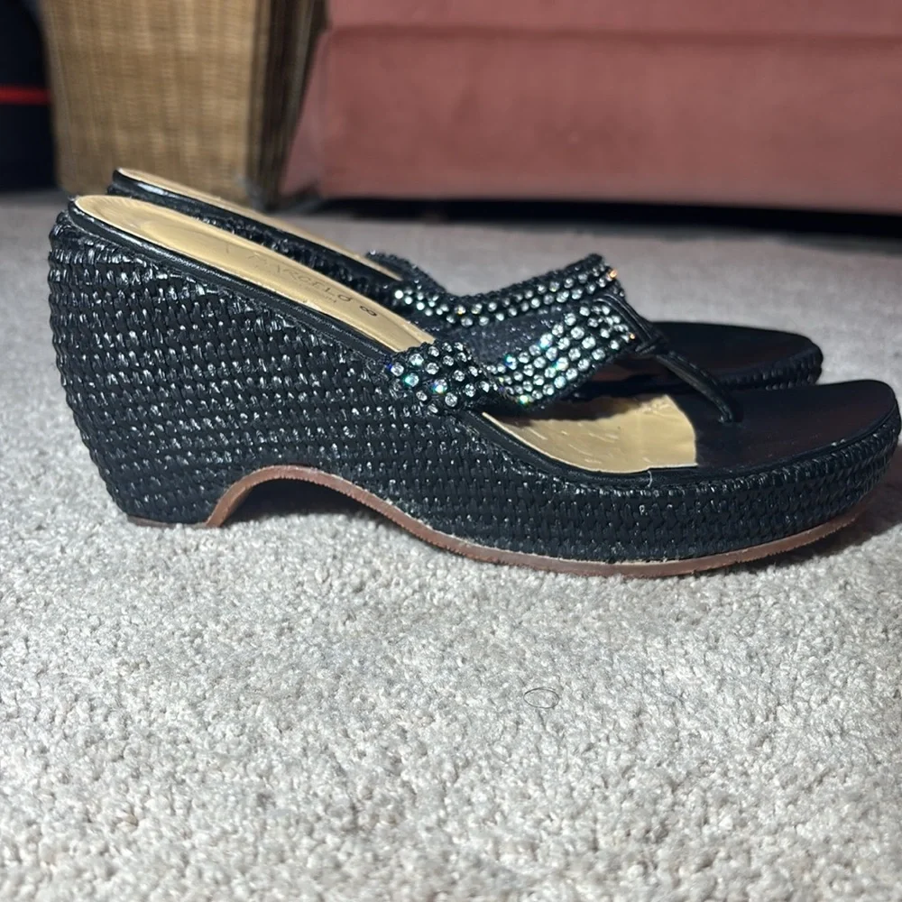 Paloma Barcelo wicker thong wedge sandals black rhinestone designer sandal 8